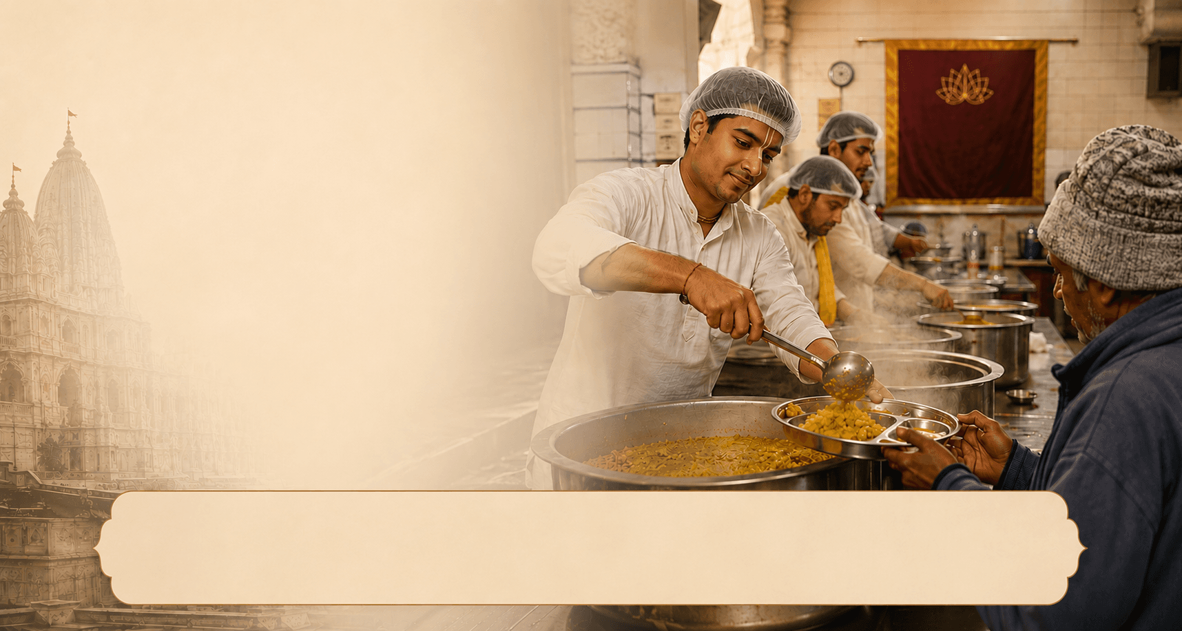 Devotees in the ISKCON Kurukshetra kitchen serving fresh khichdi prasadam onto a steel thali