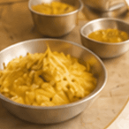 Bowls of freshly prepared prasadam ready for distribution