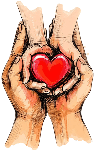 Two hands cupping a red heart