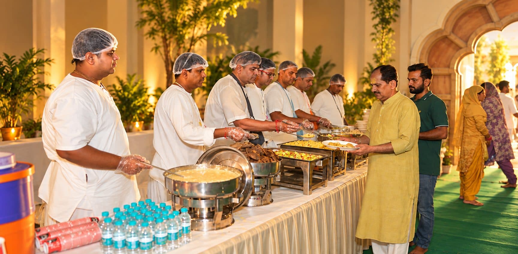 Devotees serving freshly cooked prasadam at the annadaan counter