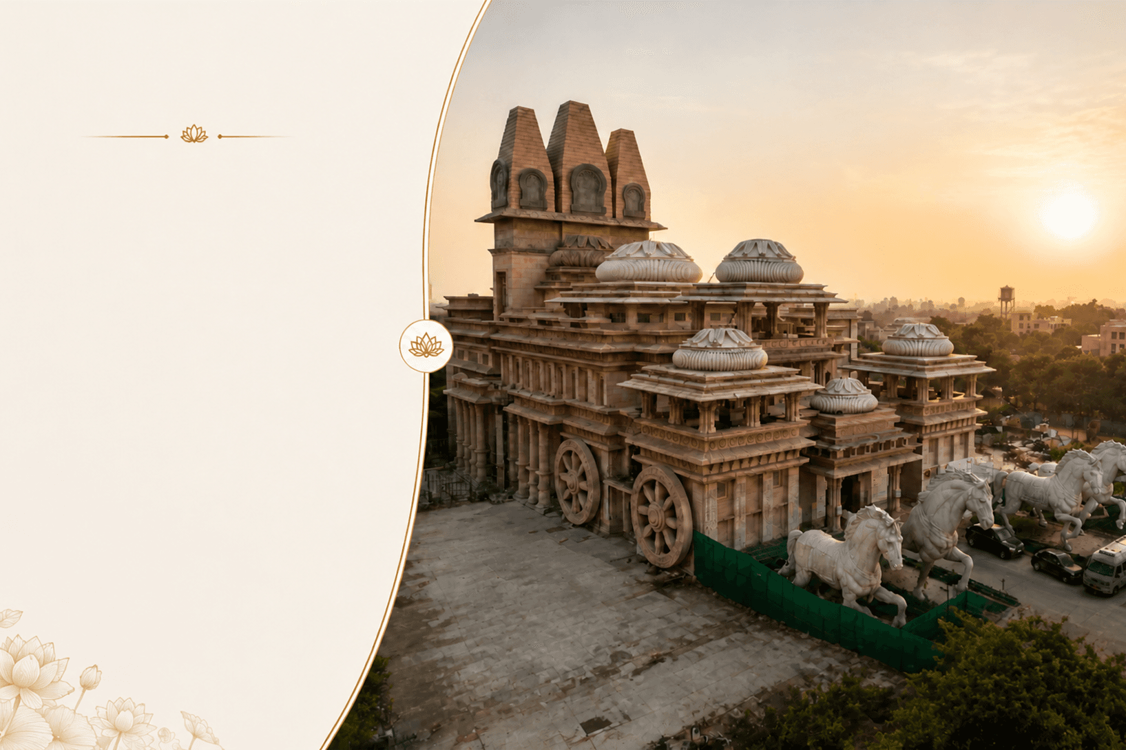 Aerial view of the ISKCON Kurukshetra temple with its chariot wheels and marble horses at sunset