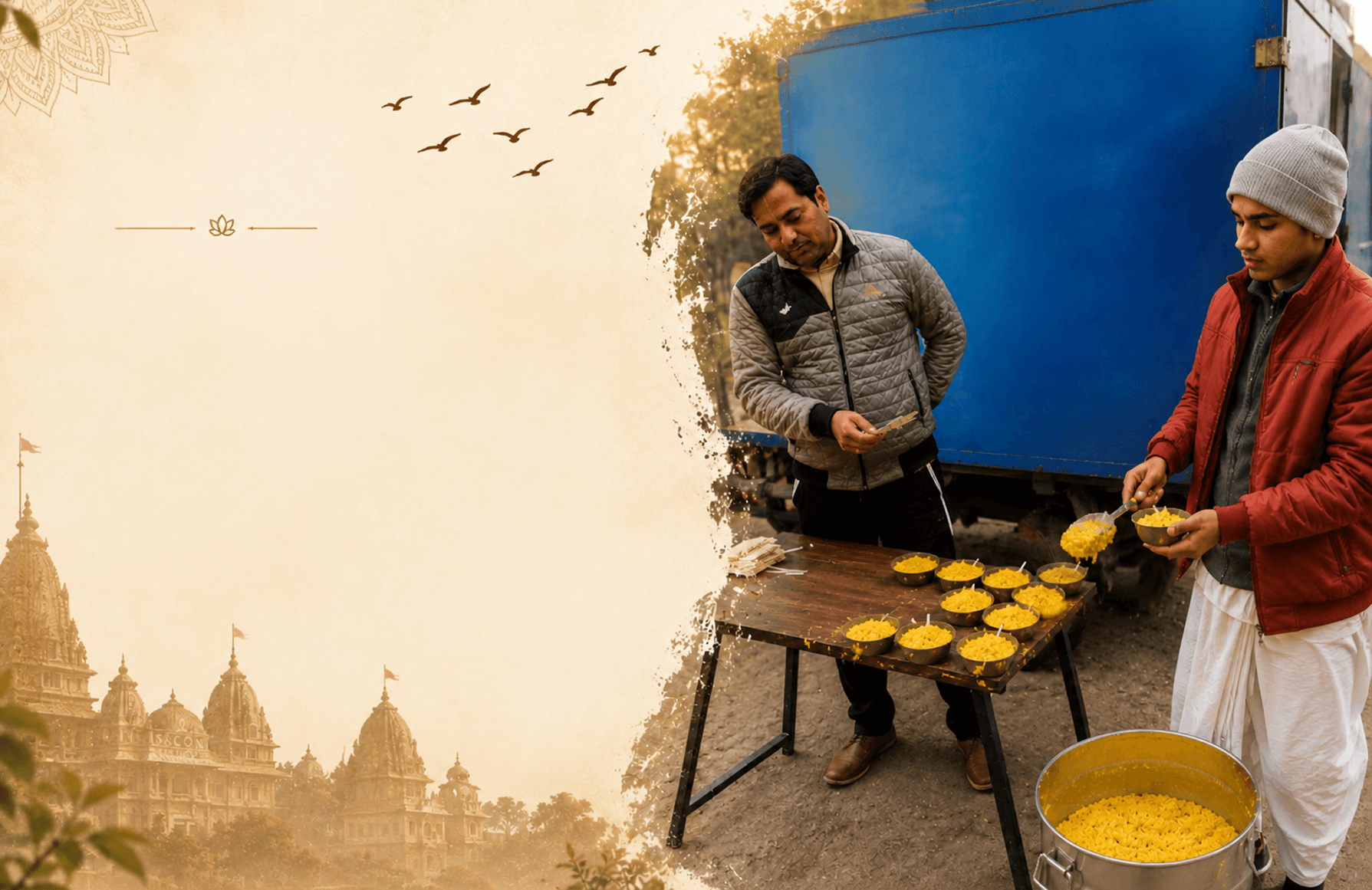 Devotees of ISKCON Kurukshetra distributing fresh prasadam meals from the Annadaan food van