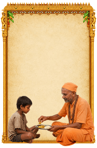 A devotee serving prasadam to a child