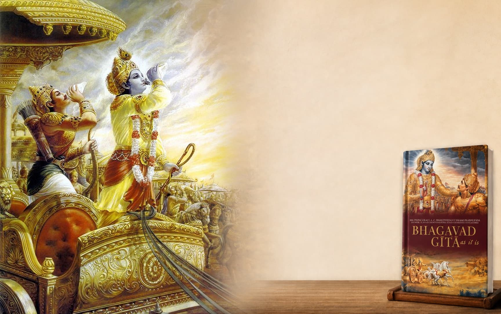 Lord Krishna instructing Arjuna on the battlefield of Kurukshetra, beside the Bhagavad Gita As It Is