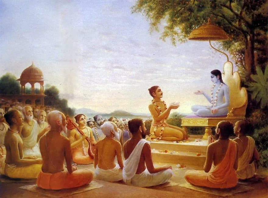 Painting of Sukadeva Goswami speaking the Srimad Bhagavatam to King Parikshit and the sages