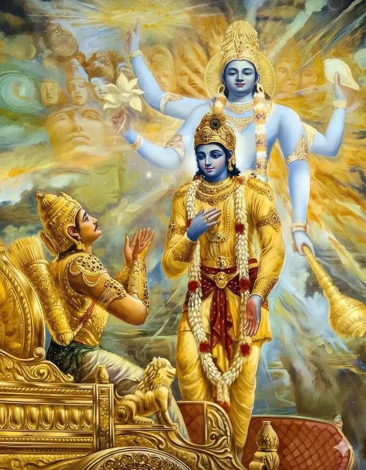 Lord Krishna revealing His universal form to Arjuna on the chariot at Kurukshetra