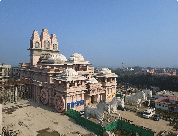 Aerial view of the chariot-shaped ISKCON Kurukshetra temple with its horse statues