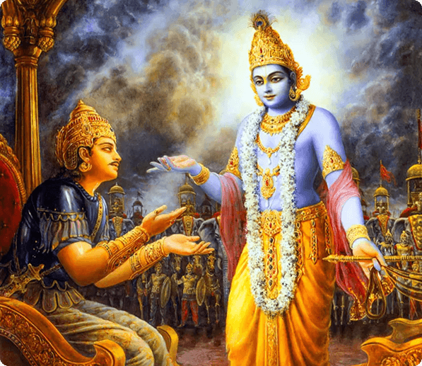 Lord Krishna delivering the Bhagavad Gita to Arjuna on the battlefield of Kurukshetra