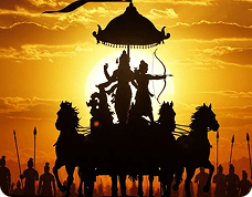 Silhouette of Krishna and Arjuna on a chariot at sunset