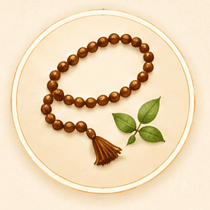 Japa mala beads with tulsi leaves symbolising spiritual growth