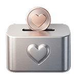 A donation box with a heart and a coin dropping in
