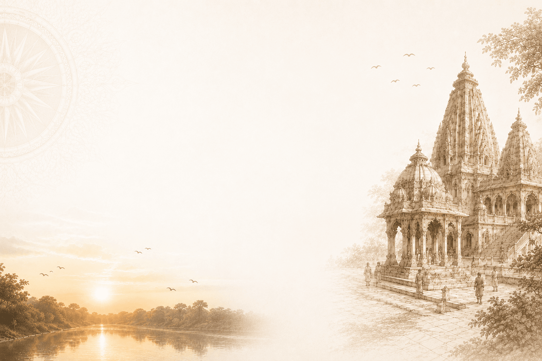 Sketch of the ISKCON Kurukshetra temple beside a sunrise over the sacred river