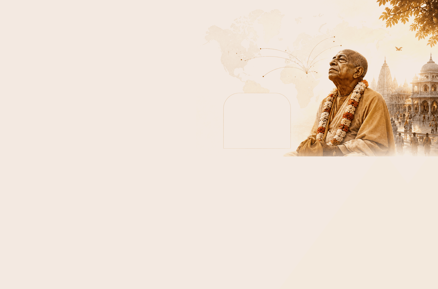 Srila Prabhupada garlanded in meditation before a world map and the temples his movement built across the globe