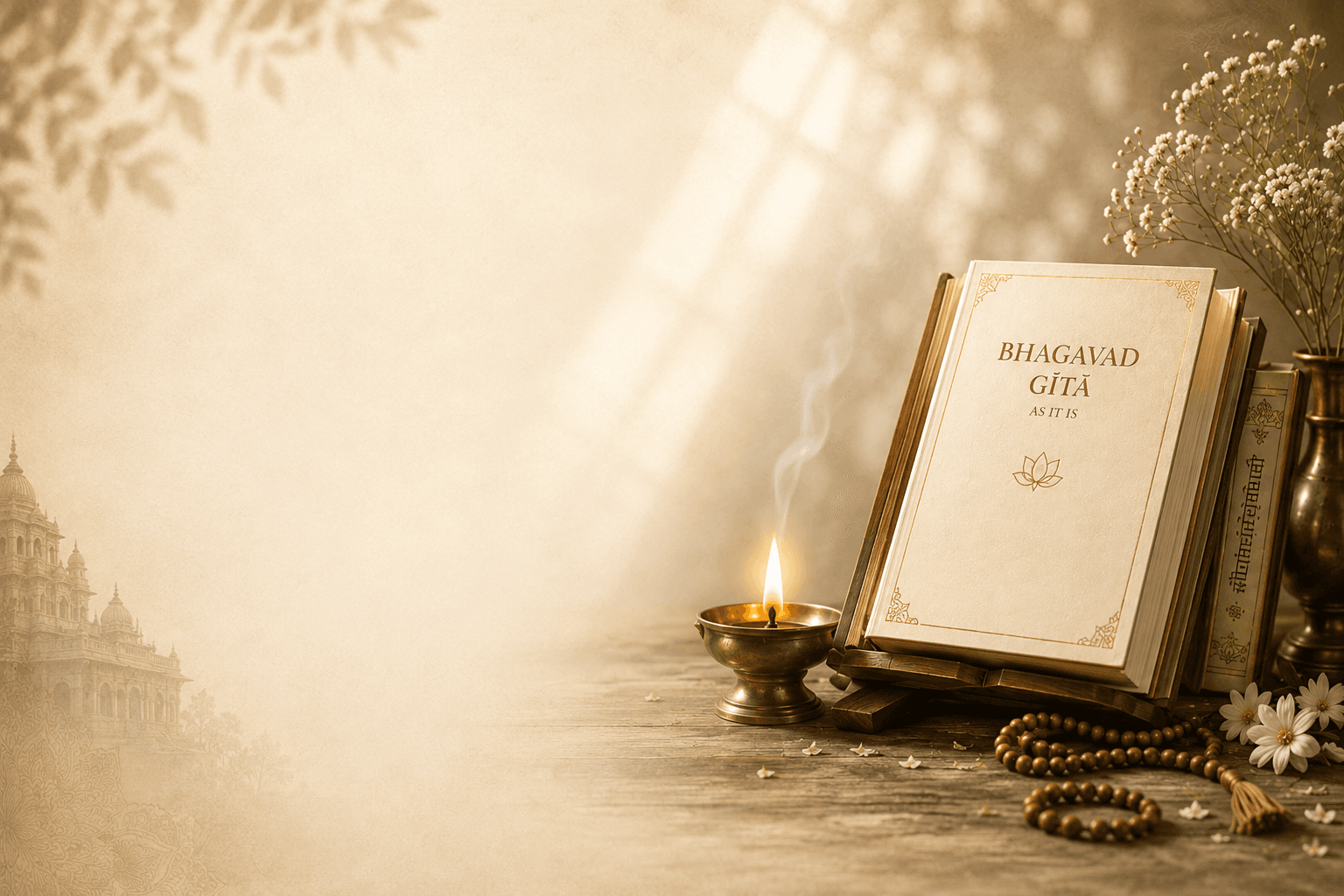 Bhagavad Gita on a wooden stand beside a glowing diya and japa mala