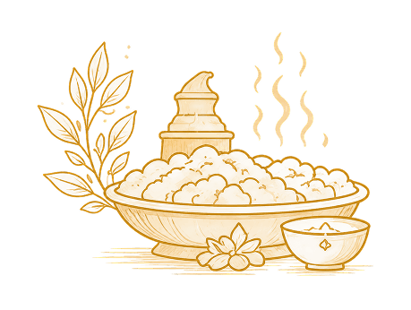 Line illustration of a steaming bowl of prasadam with a small katori and tulsi leaves