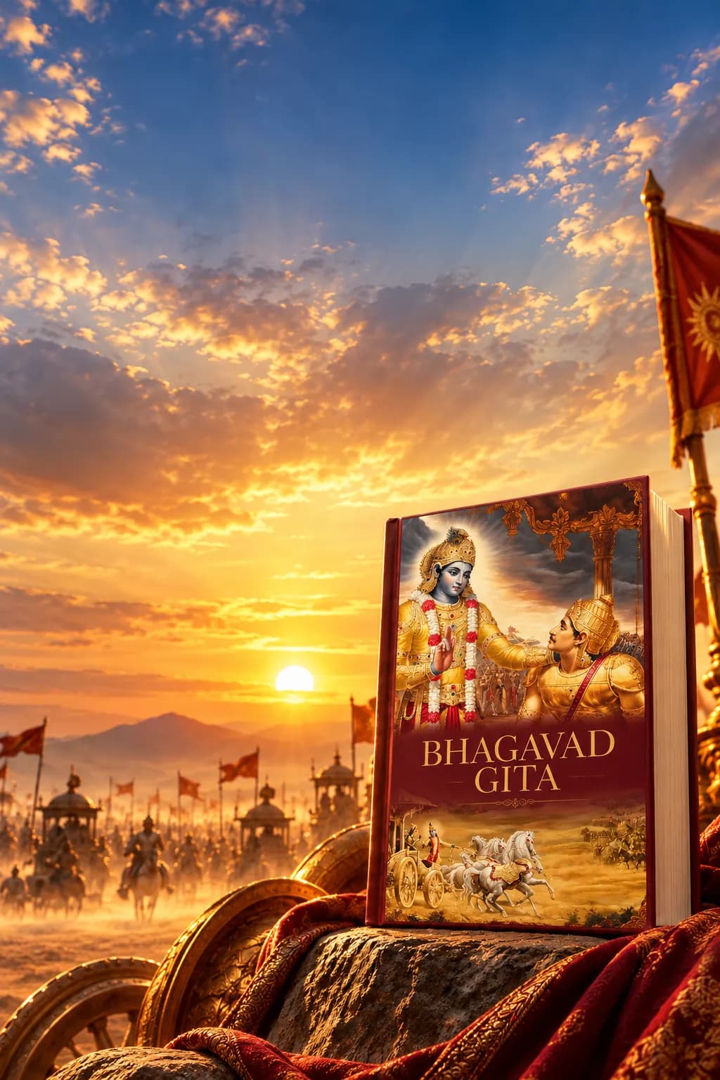 The Bhagavad Gita standing on the battlefield of Kurukshetra at sunset