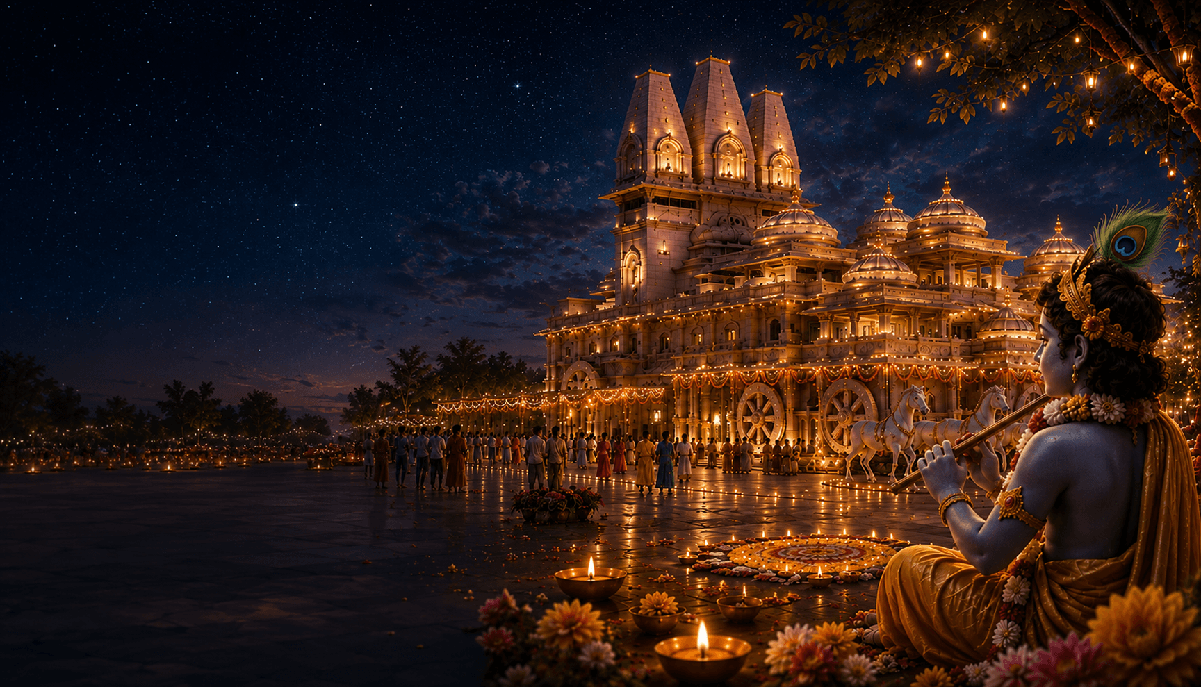 ISKCON Kurukshetra lit for Janmashtami, with Lord Krishna playing the flute beside rows of diyas