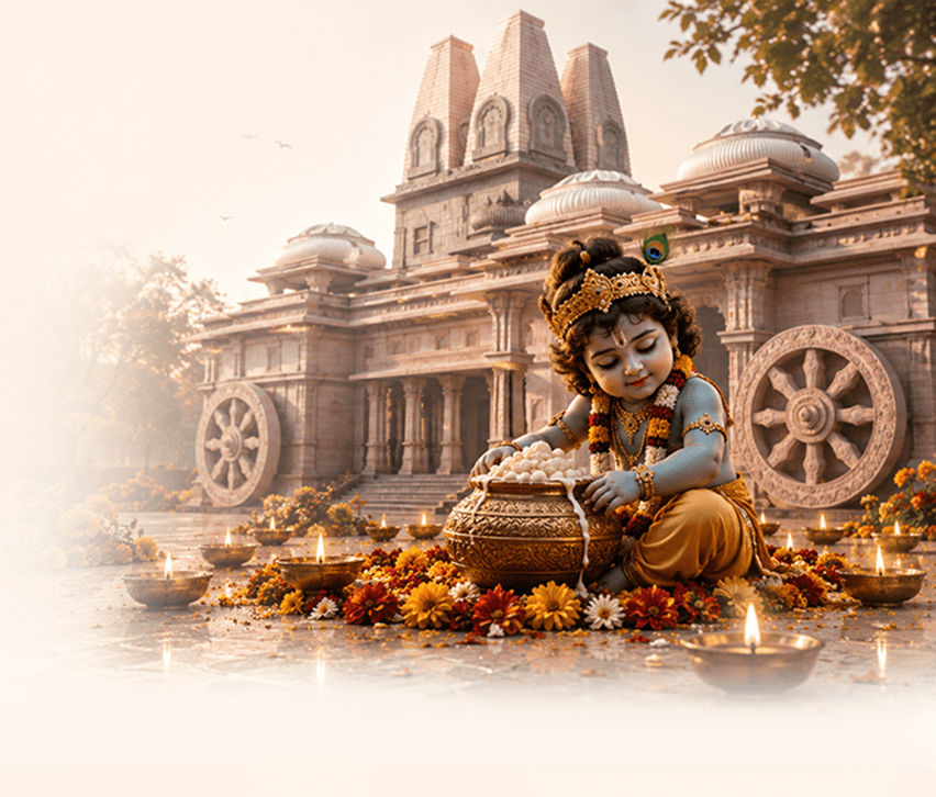 Baby Krishna reaching into a pot of makhan before the temple, ringed with diyas and flowers