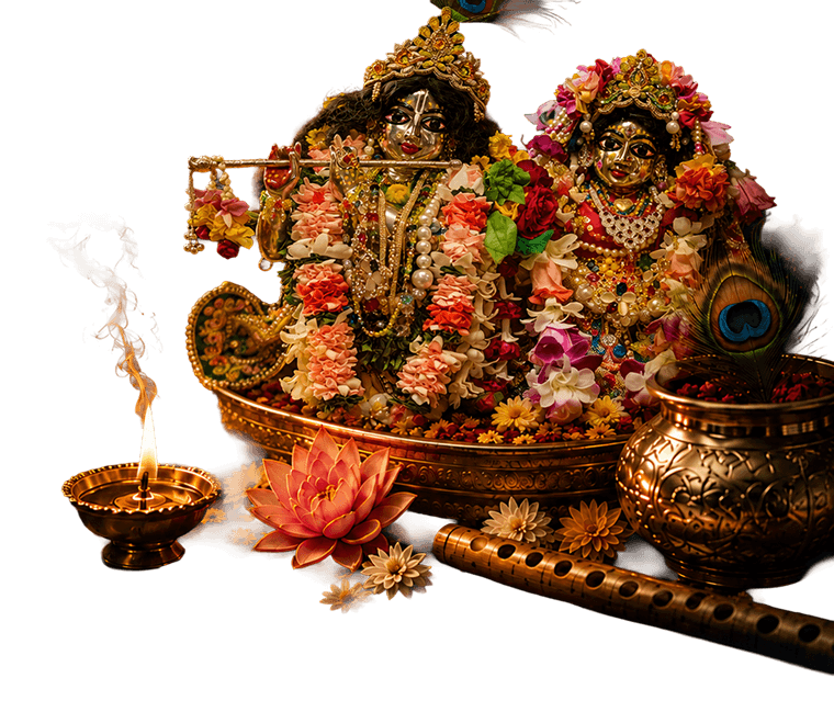 Garlanded deities of Radha Krishna beside a lit diya, lotus and flute