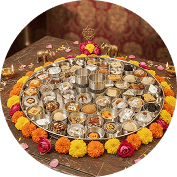 Chhapan bhog spread of fifty-six offerings arranged before the altar
