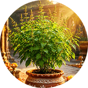 Tulsi plant in a decorated pot beside lit lamps