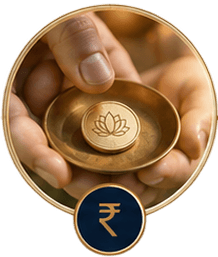Hands offering a golden bowl with a lotus coin