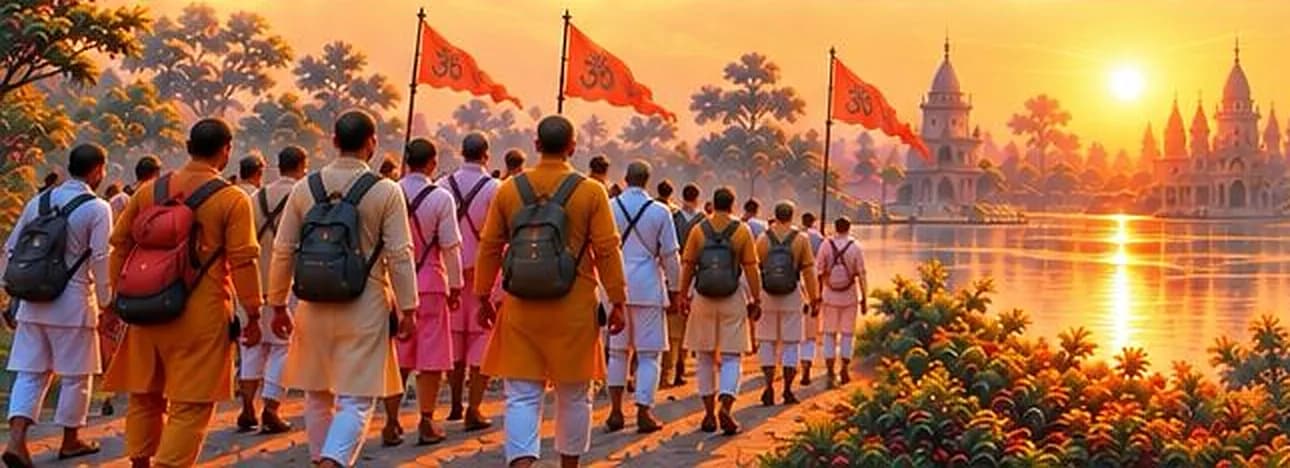 Artwork of devotees walking with saffron flags
