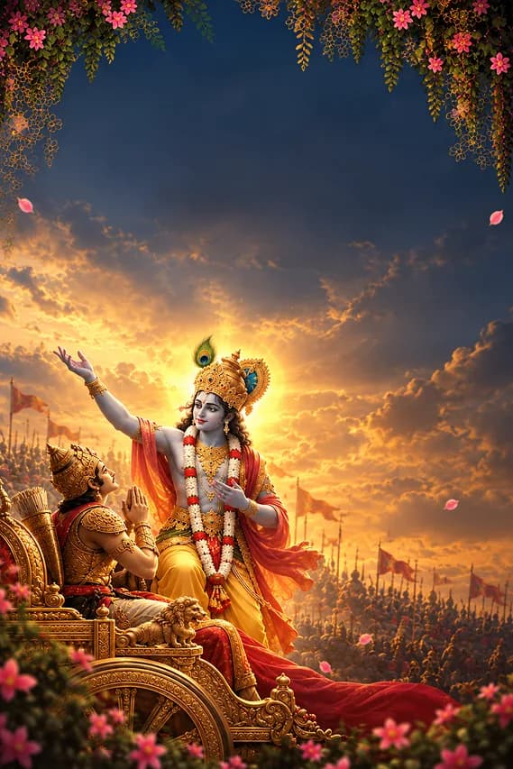 Artwork of Lord Krishna and Arjuna on the chariot