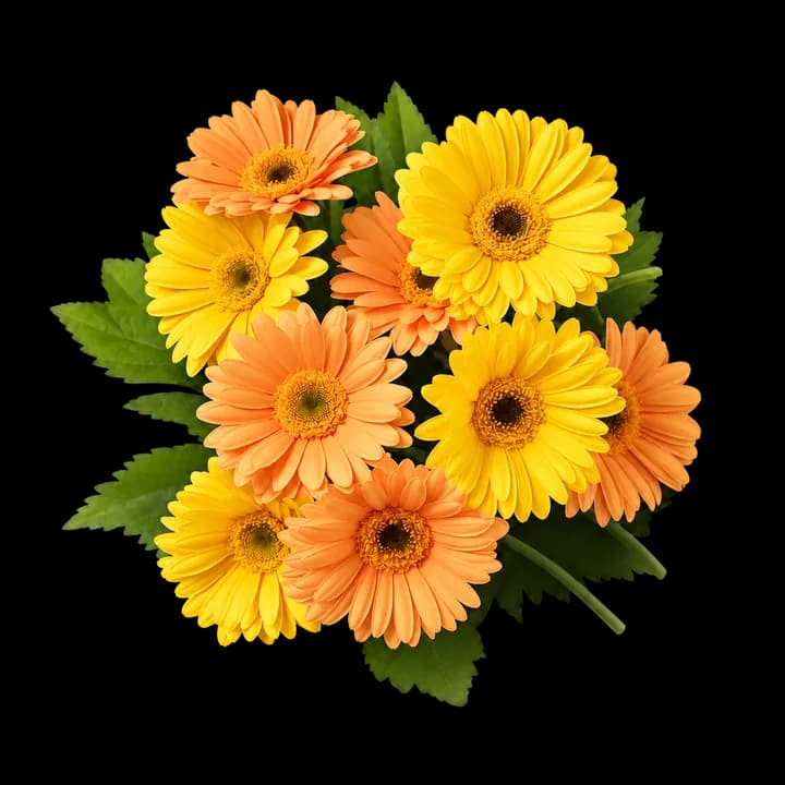 A bouquet of orange and yellow gerbera flowers